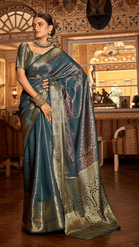 Denim Blue Pure Kanjivaram Silk with Bronze Zari Weaving - 12/7