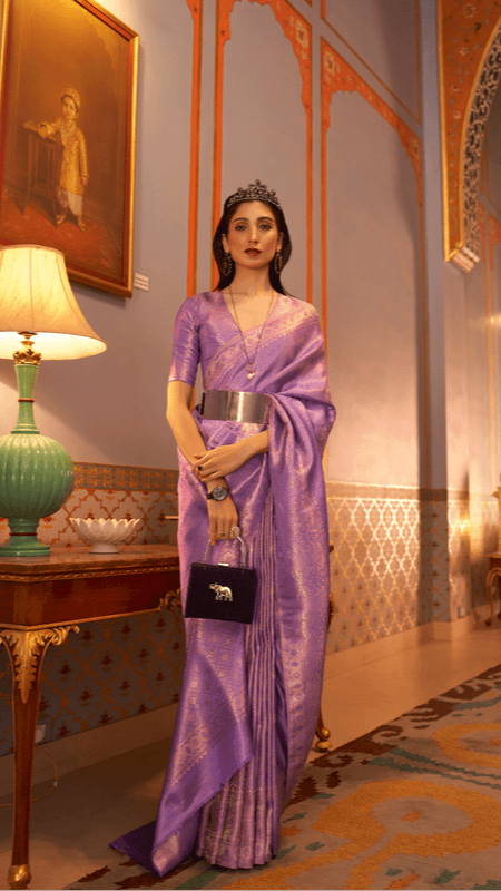 Trendy Lavender Kanjivaram Silk Saree with Satin Weaving Work - 12/7