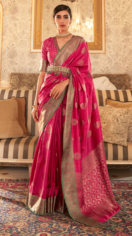 Punch Pink Banarasi Tussar Silk Saree with Designer Boder - 12/7
