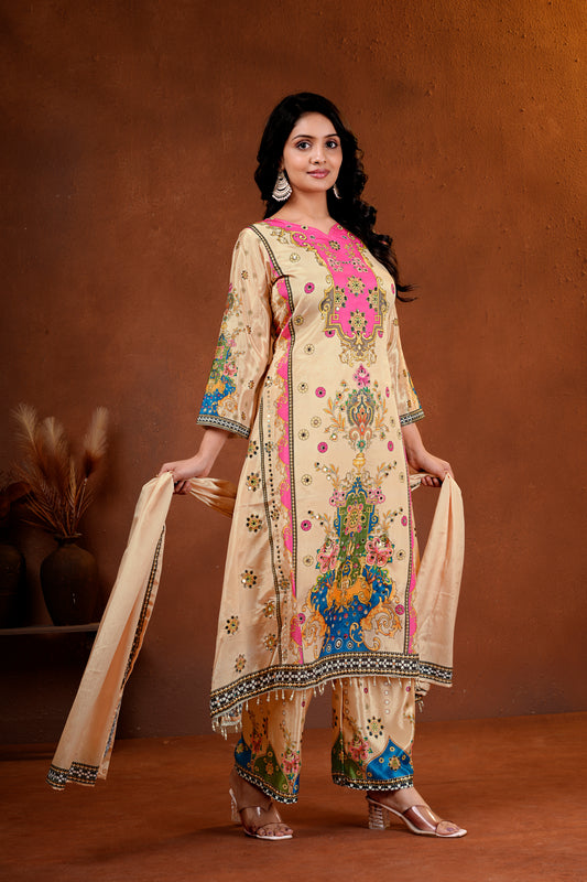 Elegant Beige Suit Set with Mirror Handwork & Digital Prints