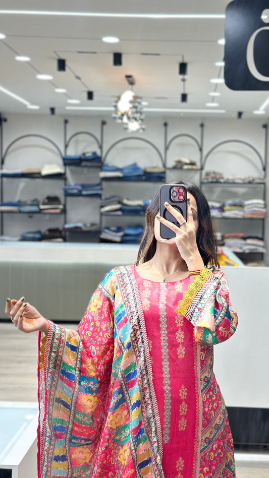 Premium 3-Piece Suit Set – Japan Satin Kurta, Roman Silk Bottom, Chinon Dupatta - 12/7