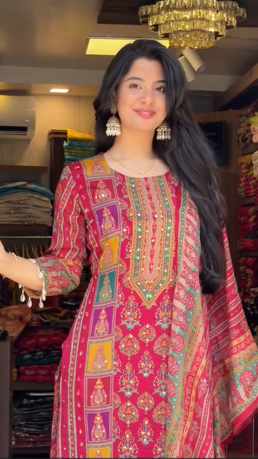 Red Printed Maslin-Roman Silk Kurti & Dupatta Set