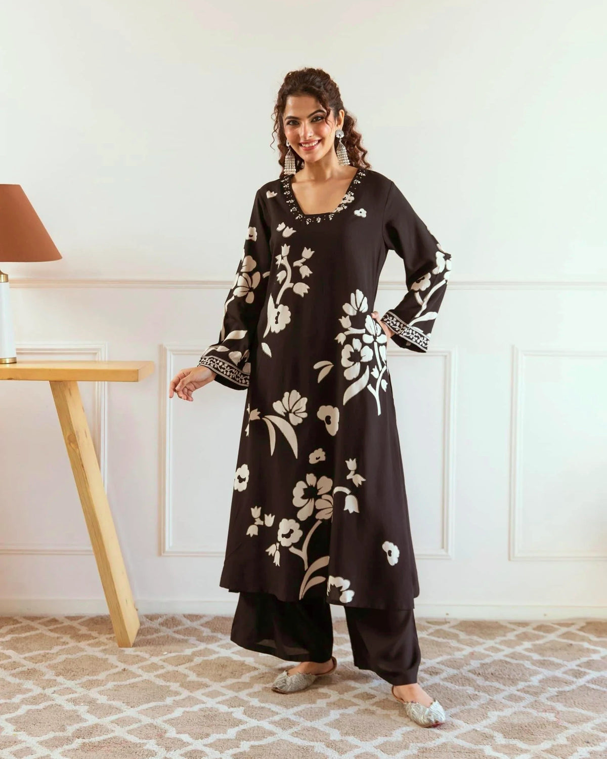 Ruhani – Floral Printed Black Kurti with Palazzo Pant Set