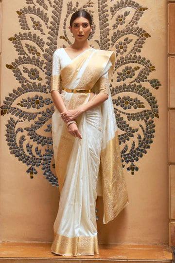 Pearl White Pure Kanjivaram Soft Silk Saree with Zari Work - 12/7