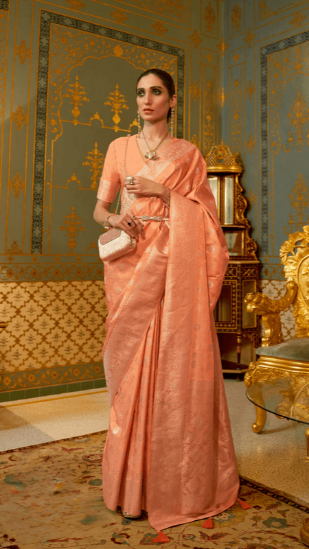 Salmon Orange Banarasi Handloom Silk Zari Woven Saree - 12/7