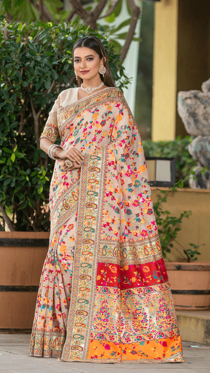 Cream Cotton Silk Pashmina Sarees with Kashmiri Modal Weaving - 12/7