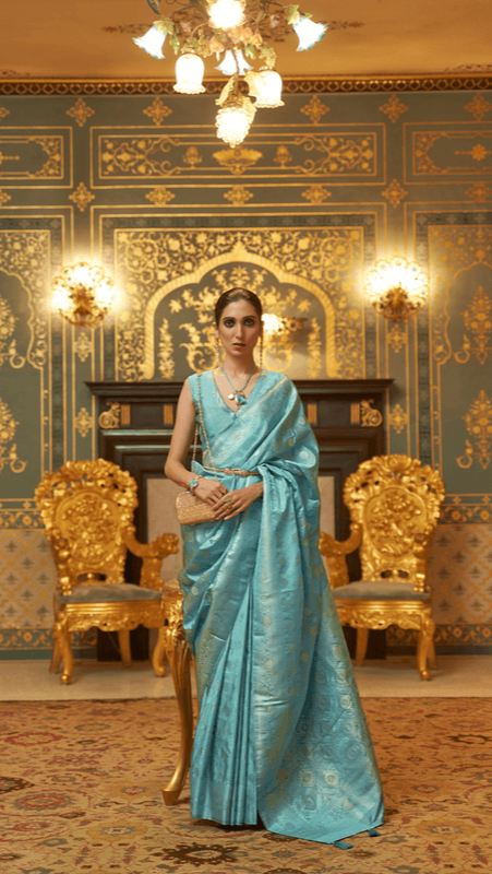 Powder Blue Banarasi Handloom Silk Zari Woven Saree - 12/7