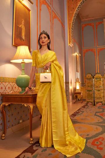 Trendy Yellow Kanjivaram Silk Saree with Satin Weaving Work - 12/7