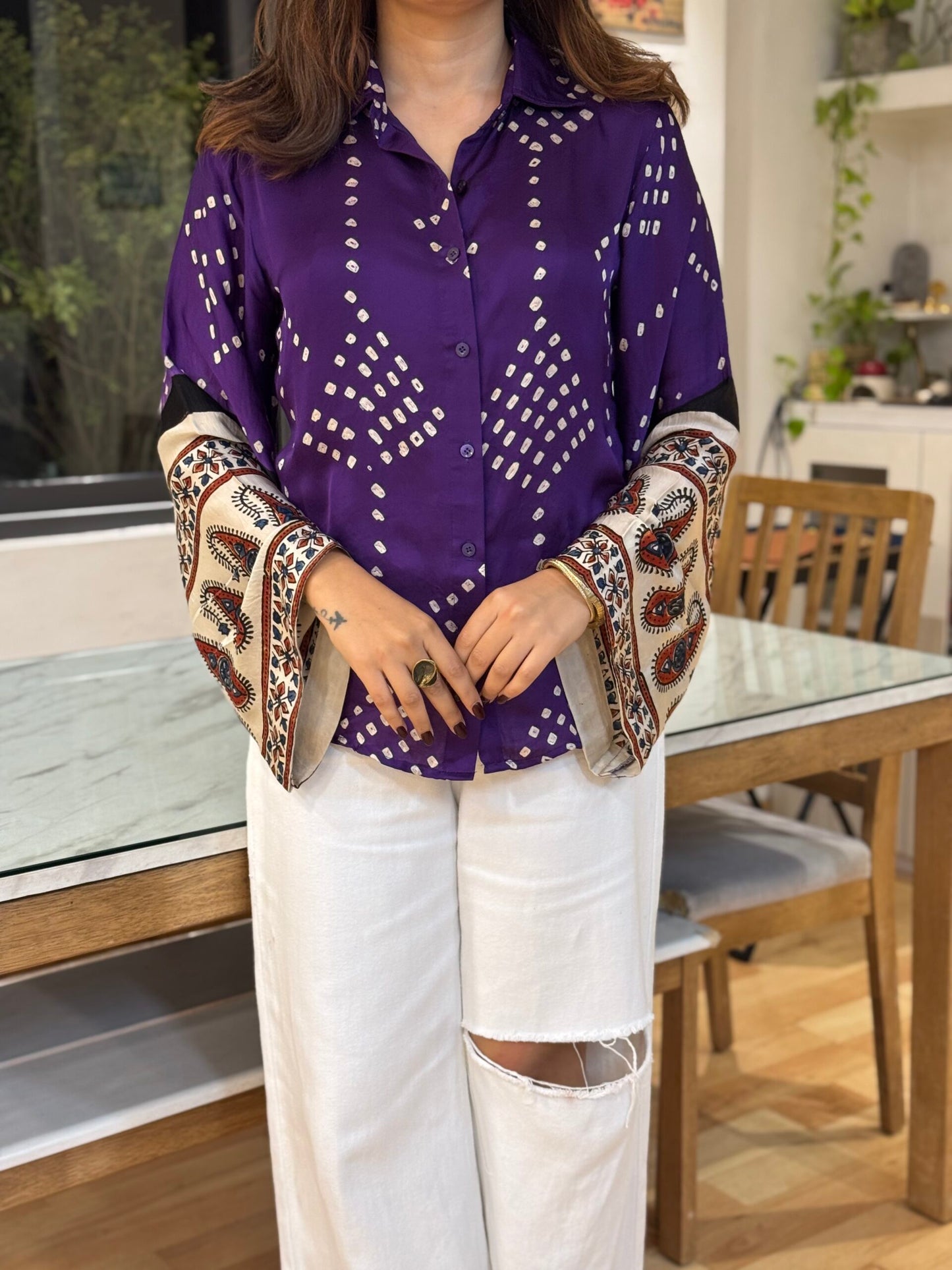 Royal Purple Bandhani Print Shirt with Intricate Ethnic Border Cuff Detail