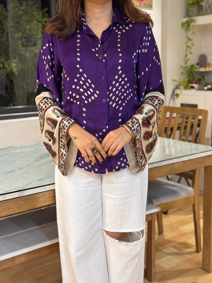 Royal Purple Bandhani Print Shirt with Intricate Ethnic Border Cuff Detail