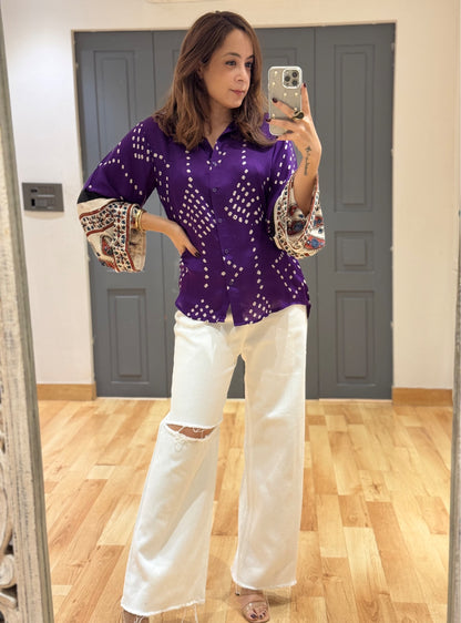 Royal Purple Bandhani Print Shirt with Intricate Ethnic Border Cuff Detail