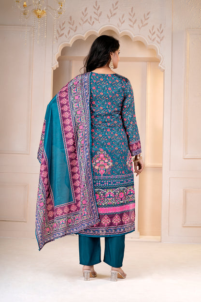 Green Printed Chinon Salwar Suit & Dupatta Set