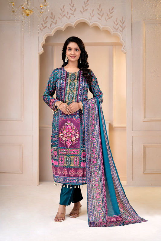 Green Printed Chinon Salwar Suit & Dupatta Set