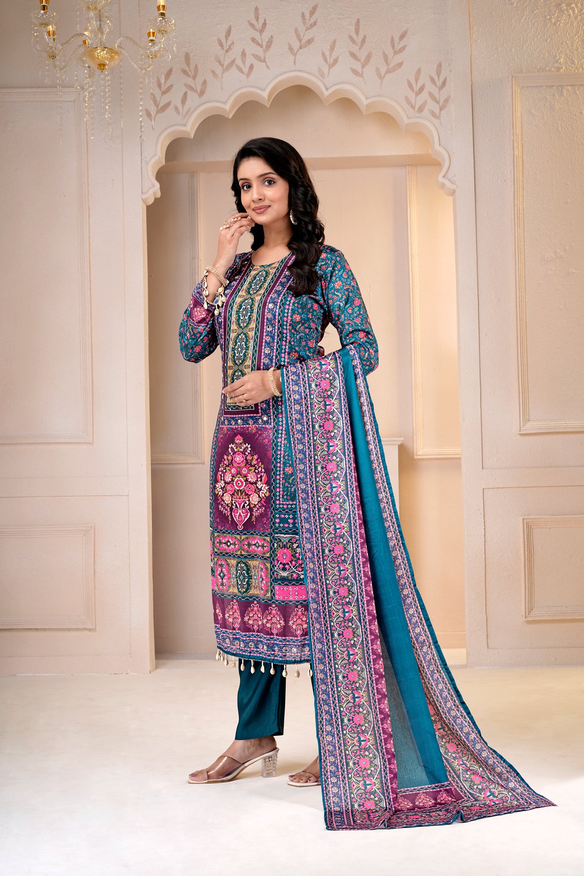 Green Printed Chinon Salwar Suit & Dupatta Set