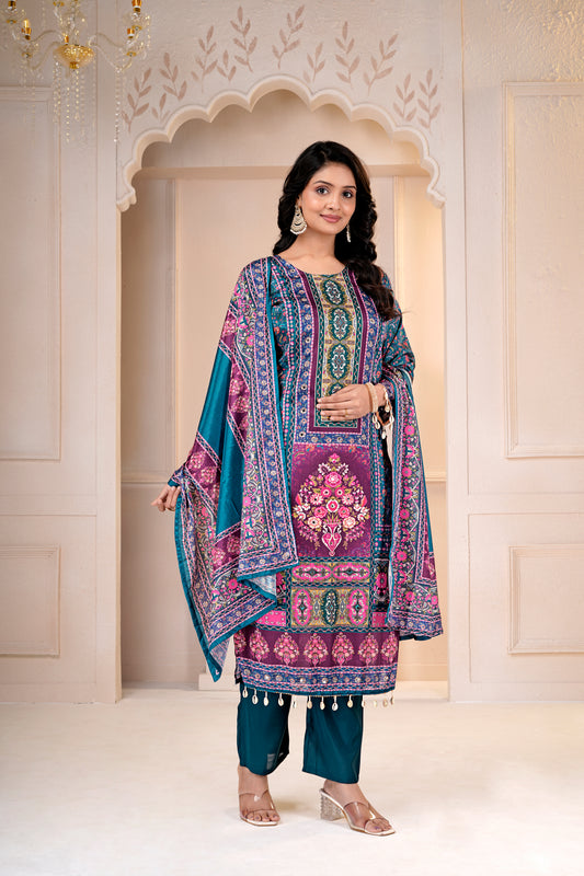 Green Printed Chinon Salwar Suit & Dupatta Set