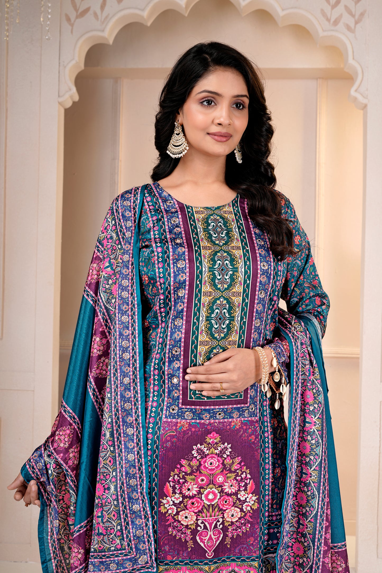 Green Printed Chinon Salwar Suit & Dupatta Set
