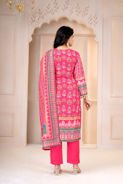Rani Printed Maslin-Roman Silk Kurti & Dupatta Set