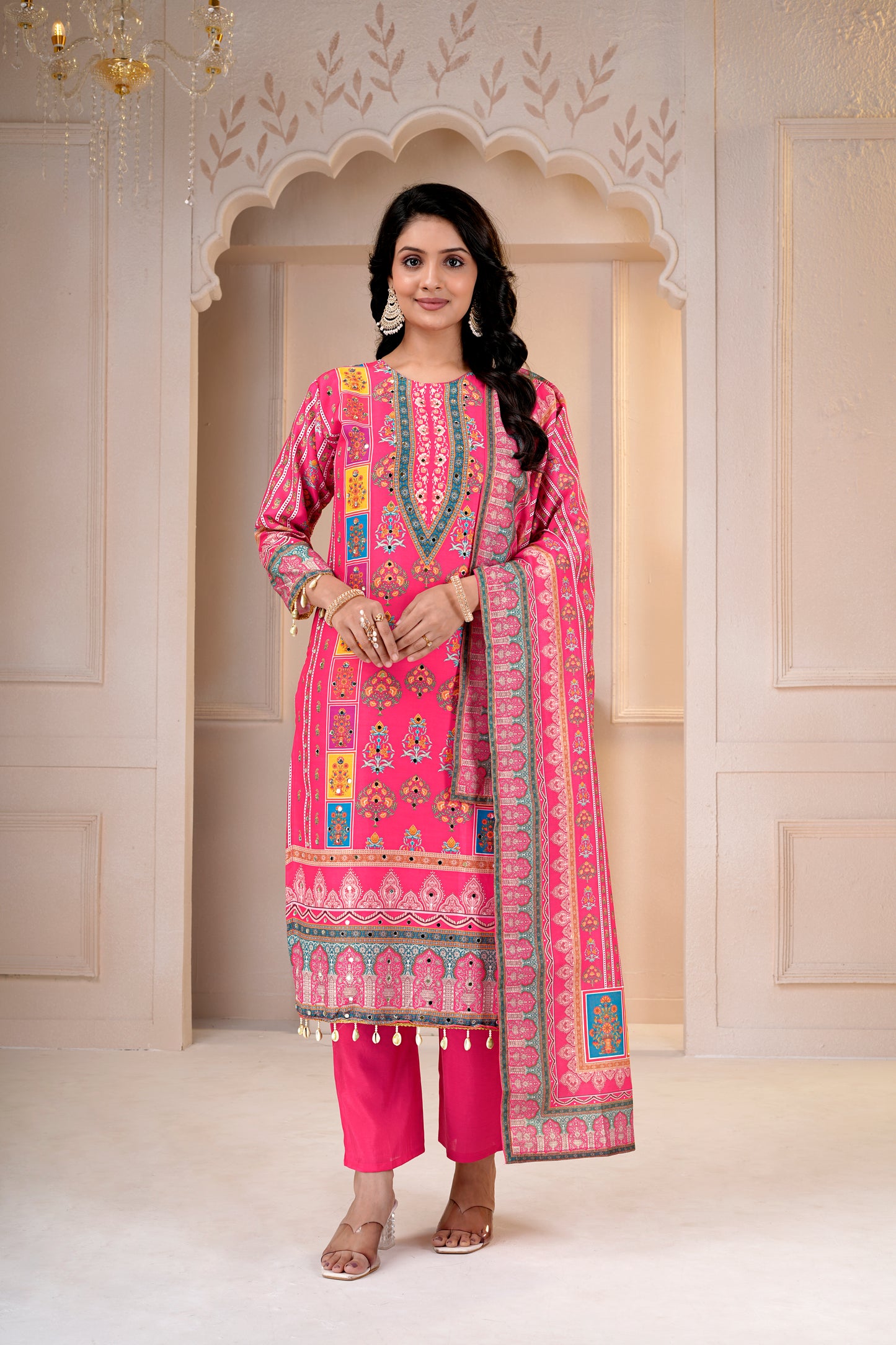 Rani Printed Maslin-Roman Silk Kurti & Dupatta Set