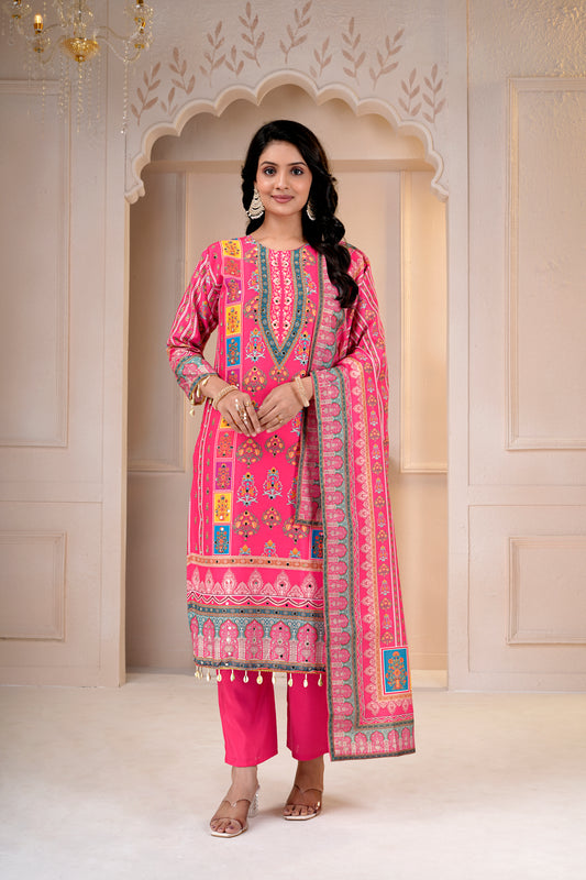 Rani Printed Maslin-Roman Silk Kurti & Dupatta Set