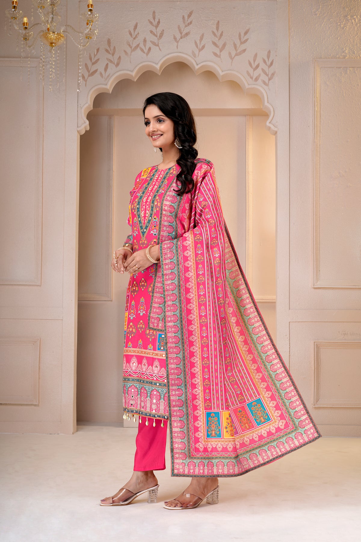 Rani Printed Maslin-Roman Silk Kurti & Dupatta Set