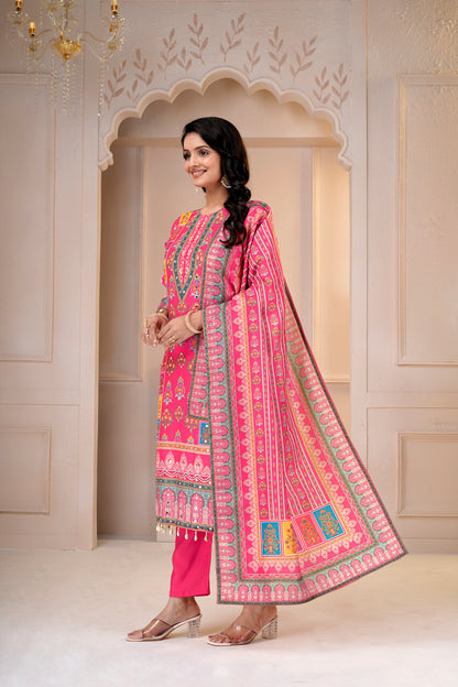 Rani Printed Maslin-Roman Silk Kurti & Dupatta Set