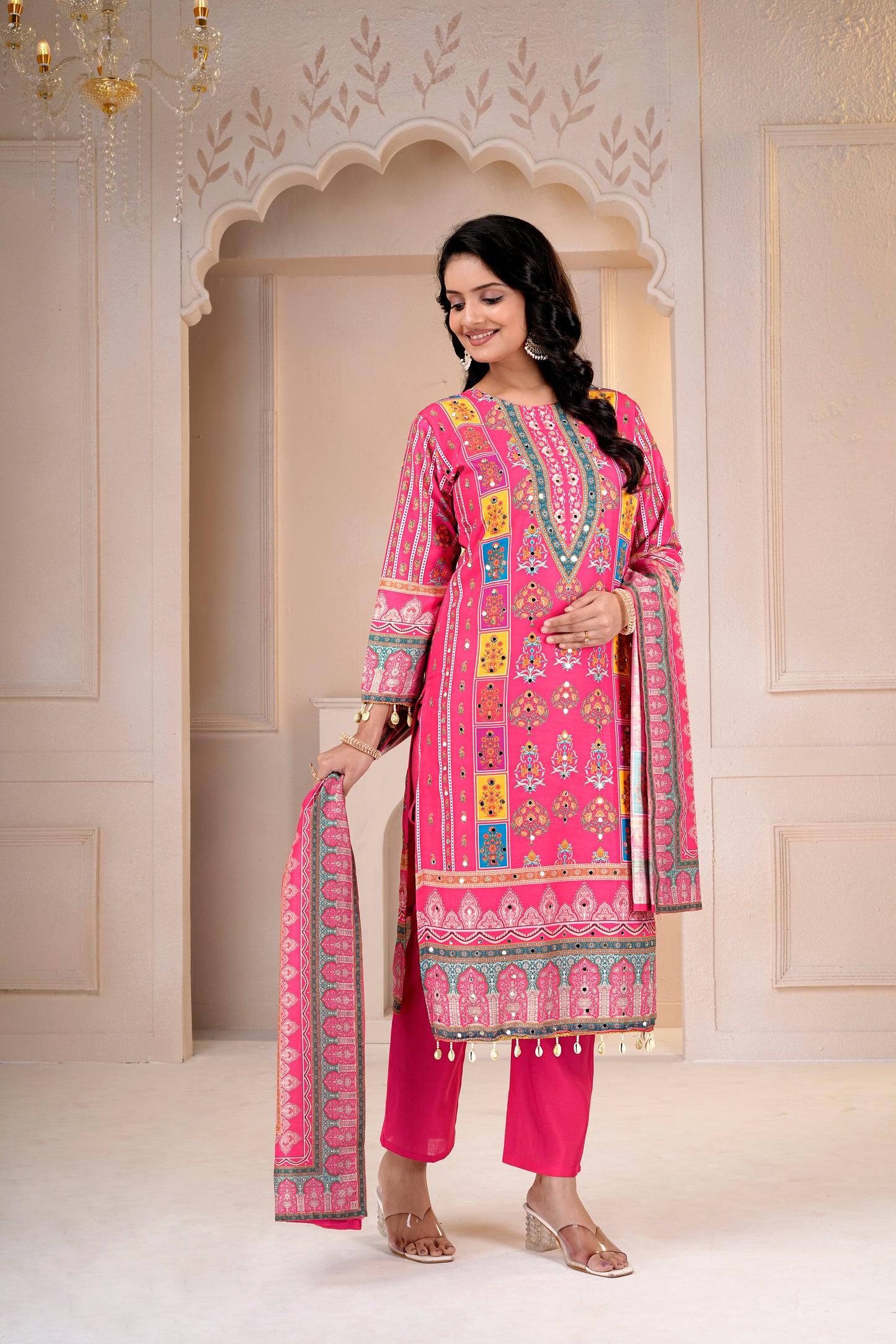 Rani Printed Maslin-Roman Silk Kurti & Dupatta Set
