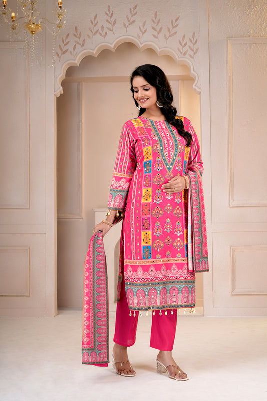 Rani Printed Maslin-Roman Silk Kurti & Dupatta Set