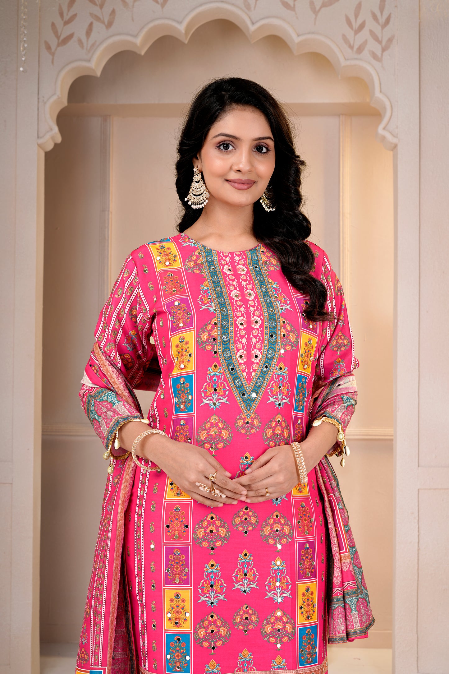 Rani Printed Maslin-Roman Silk Kurti & Dupatta Set