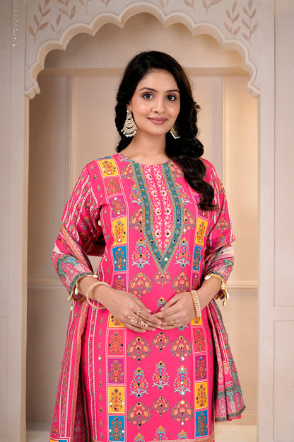 Rani Printed Maslin-Roman Silk Kurti & Dupatta Set