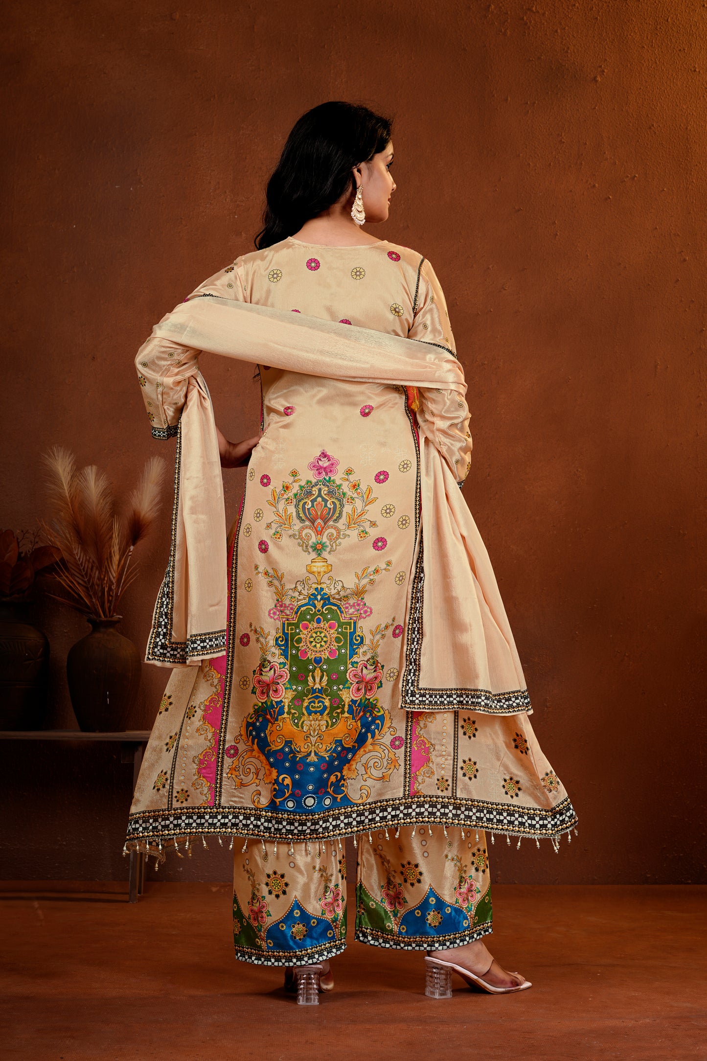 Elegant Beige Suit Set with Mirror Handwork & Digital Prints