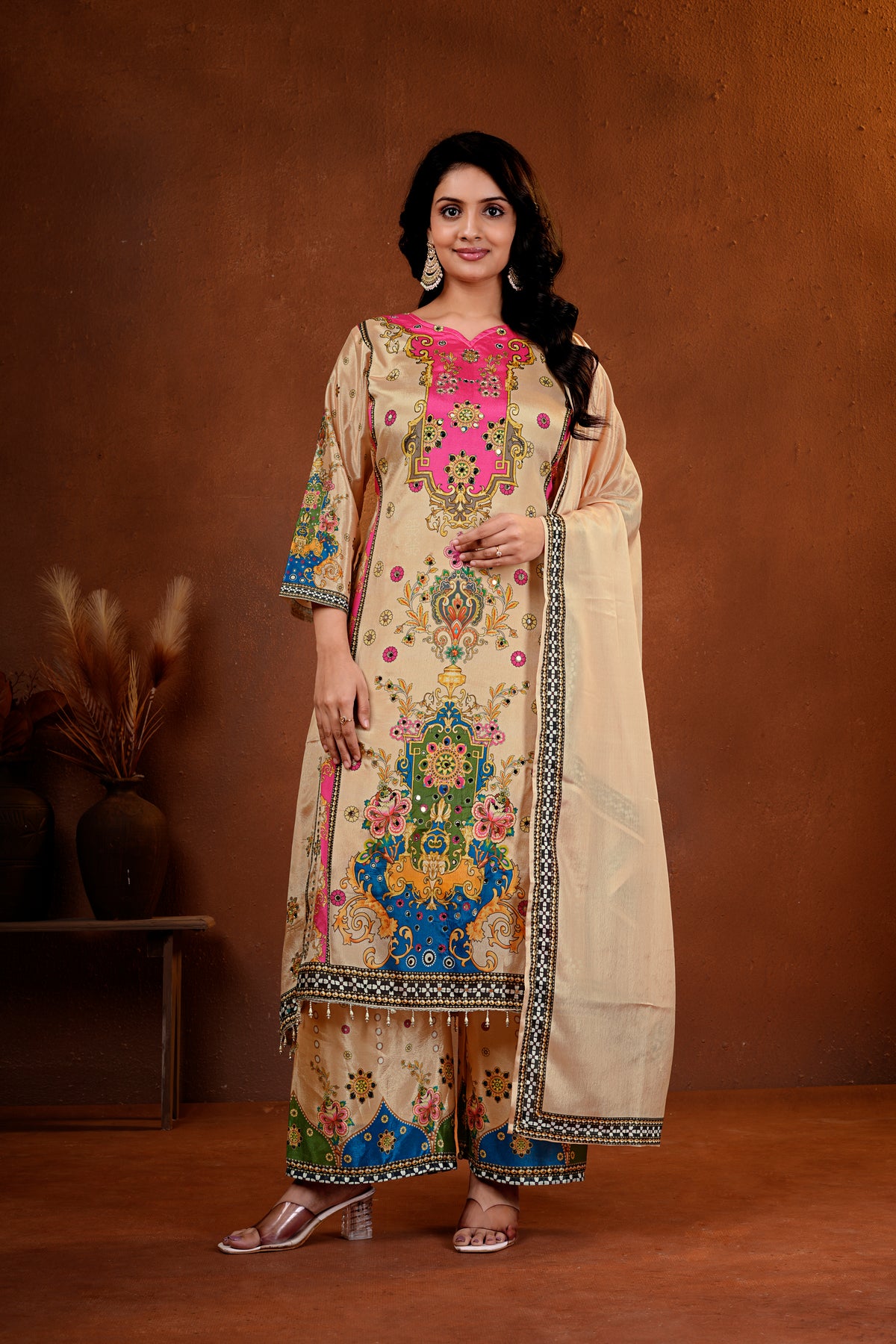 Elegant Beige Suit Set with Mirror Handwork & Digital Prints