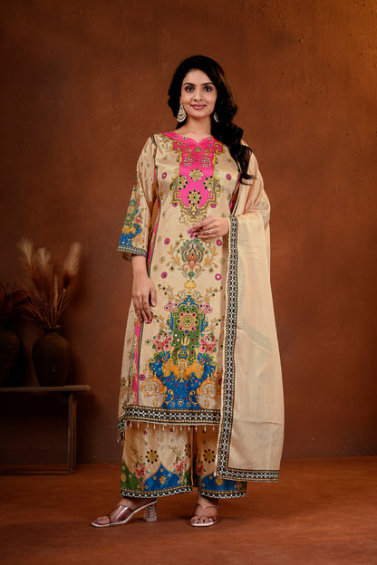 Elegant Beige Suit Set with Mirror Handwork & Digital Prints