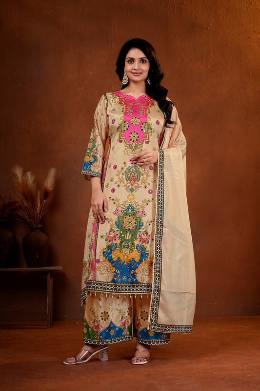 Elegant Beige Suit Set with Mirror Handwork & Digital Prints