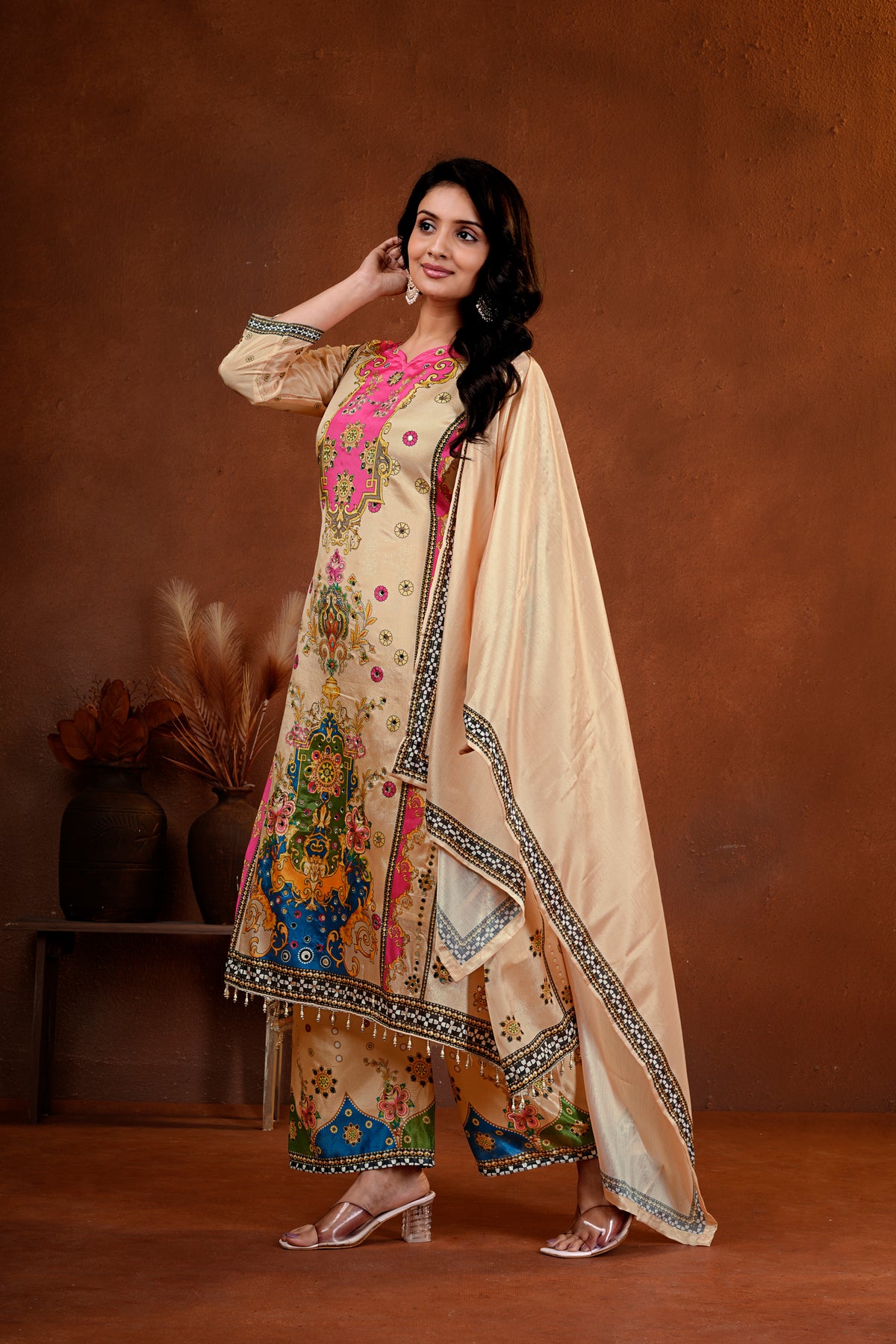 Elegant Beige Suit Set with Mirror Handwork & Digital Prints