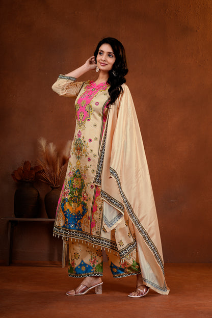 Elegant Beige Suit Set with Mirror Handwork & Digital Prints