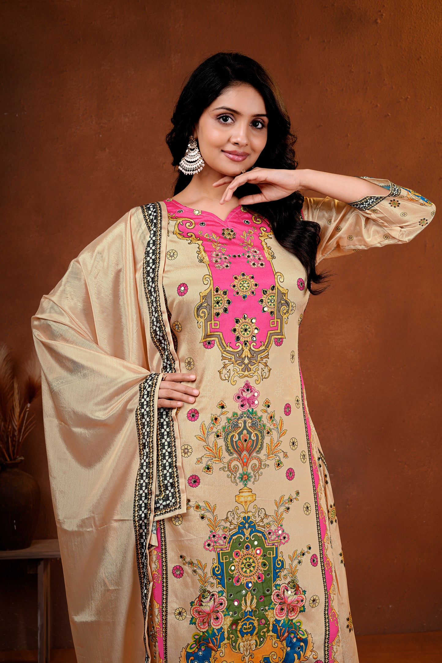 Elegant Beige Suit Set with Mirror Handwork & Digital Prints