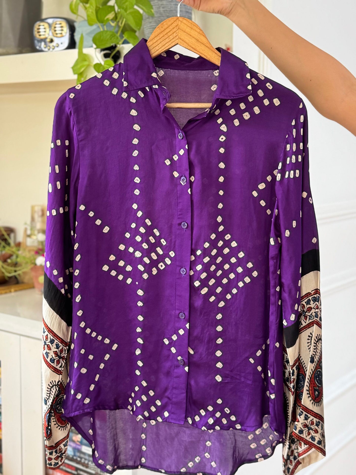 Royal Purple Bandhani Print Shirt with Intricate Ethnic Border Cuff Detail