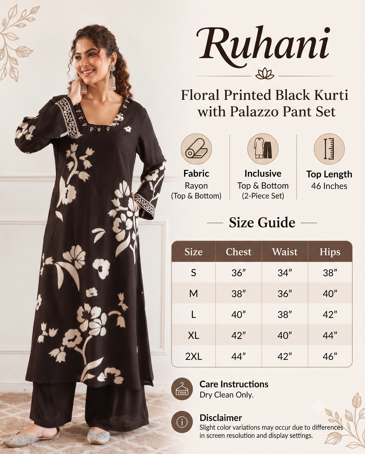 Ruhani – Floral Printed Black Kurti with Palazzo Pant Set