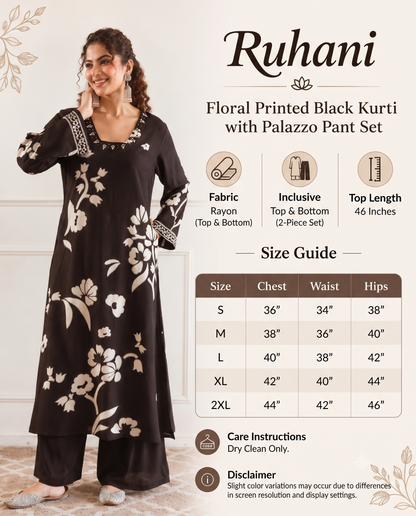 Ruhani – Floral Printed Black Kurti with Palazzo Pant Set