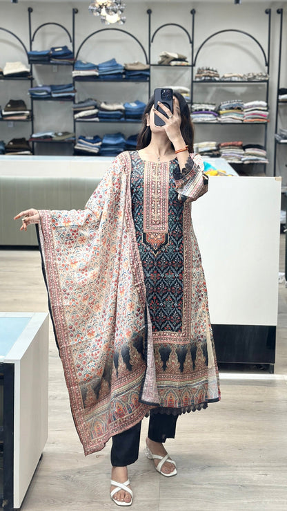 Printed Suit Set With Japan Satin Kurta, Roman Silk Bottom, Chinon Dupatta - 12/7