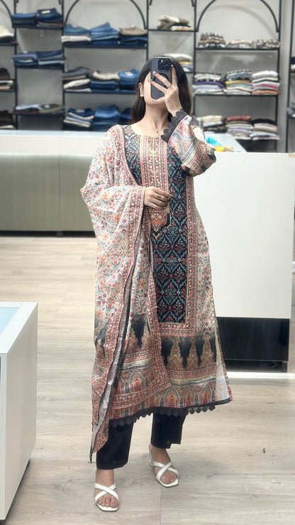 Printed Suit Set With Japan Satin Kurta, Roman Silk Bottom, Chinon Dupatta - 12/7