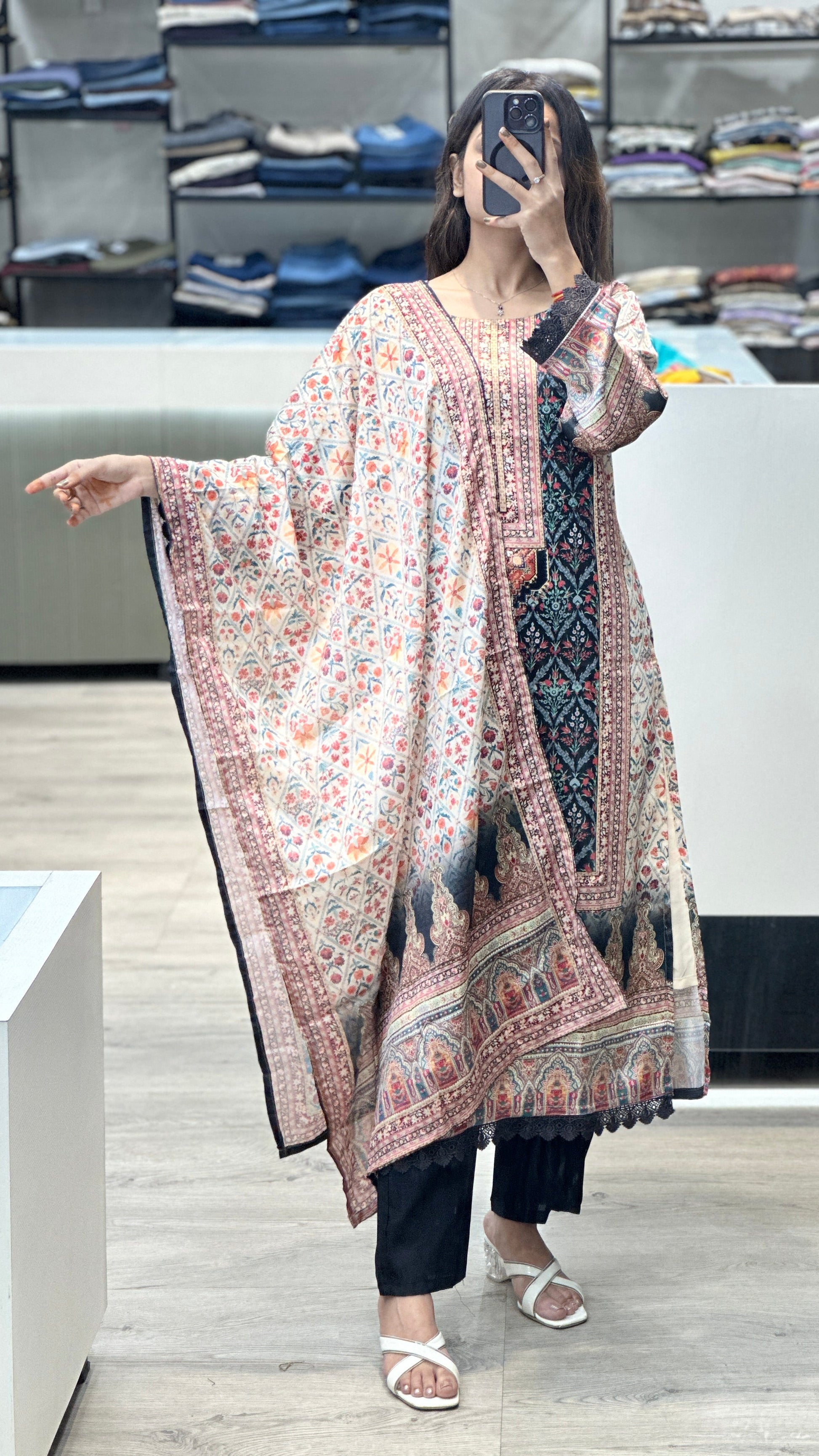 Printed Suit Set With Japan Satin Kurta, Roman Silk Bottom, Chinon Dupatta - 12/7