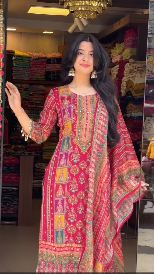 Woman in a vibrant traditional outfit standing in a store with colorful items around.