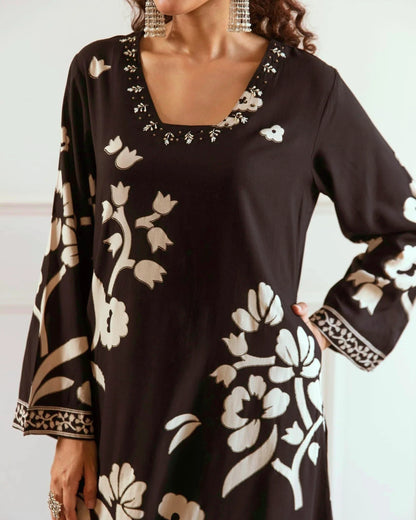 Ruhani – Floral Printed Black Kurti with Palazzo Pant Set