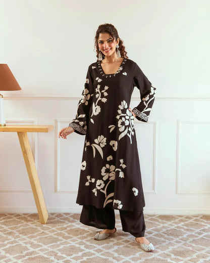 Ruhani – Floral Printed Black Kurti with Palazzo Pant Set