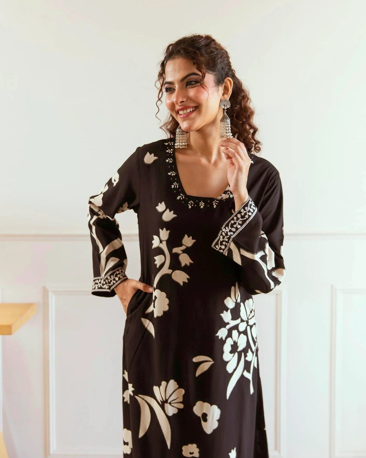 Ruhani – Floral Printed Black Kurti with Palazzo Pant Set