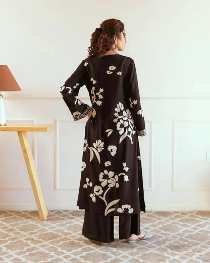 Ruhani – Floral Printed Black Kurti with Palazzo Pant Set