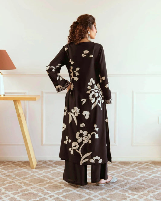 Ruhani – Floral Printed Black Kurti with Palazzo Pant Set