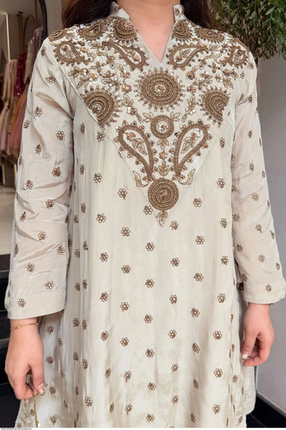 Ivory Gold Embroidered Glass Silk Kurti Palazzo Set