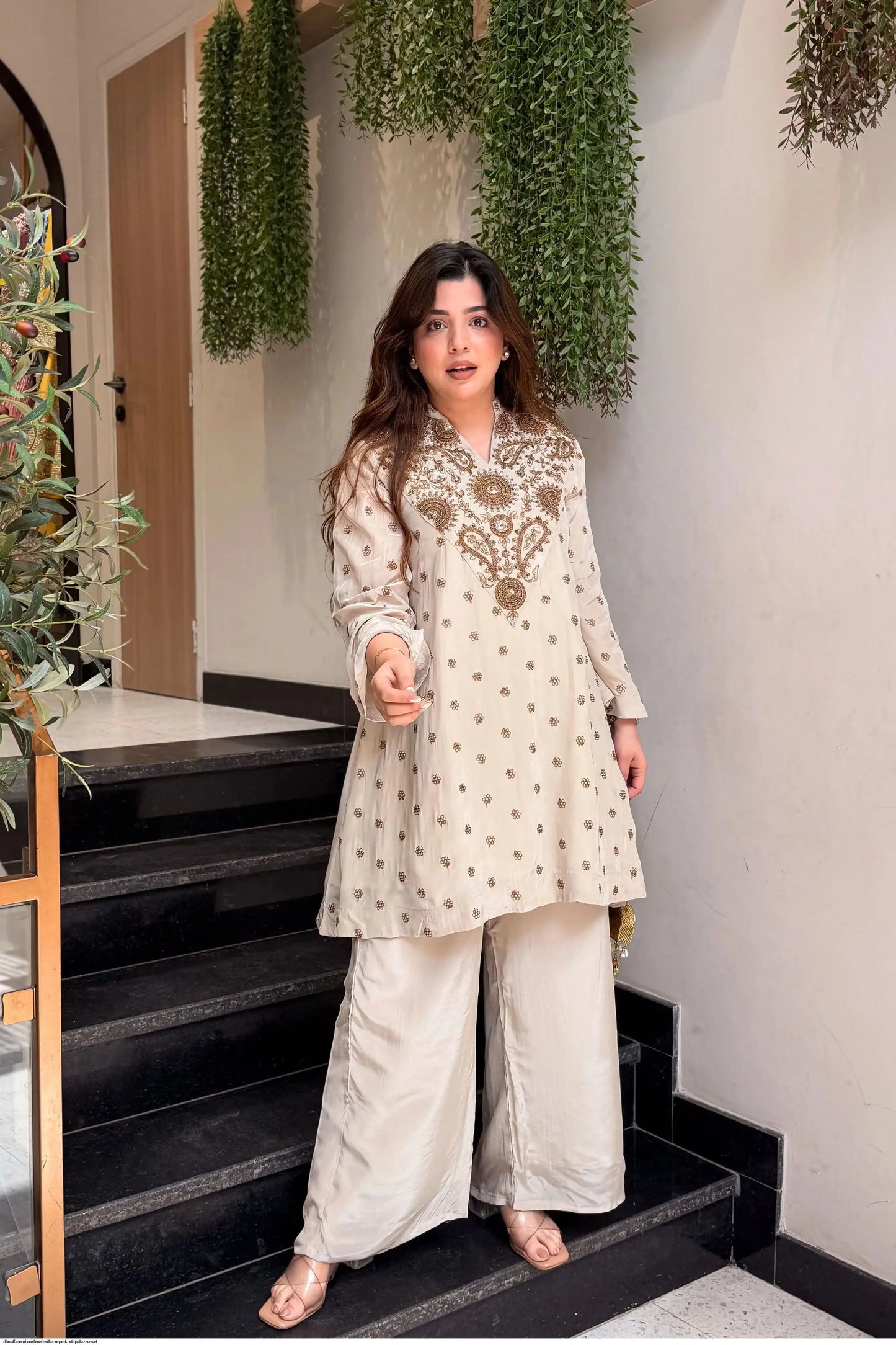 Ivory Gold Embroidered Glass Silk Kurti Palazzo Set